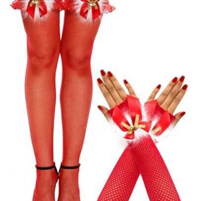 Women's Sexy Christams Fishnet Thigh One Size Small Fishnet Stocking & Gloves